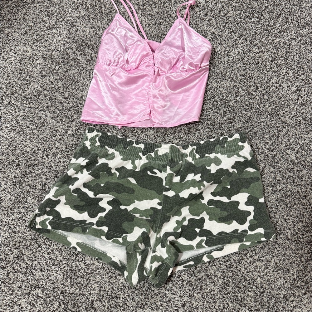 Pink Satin Cami Crop Top and short